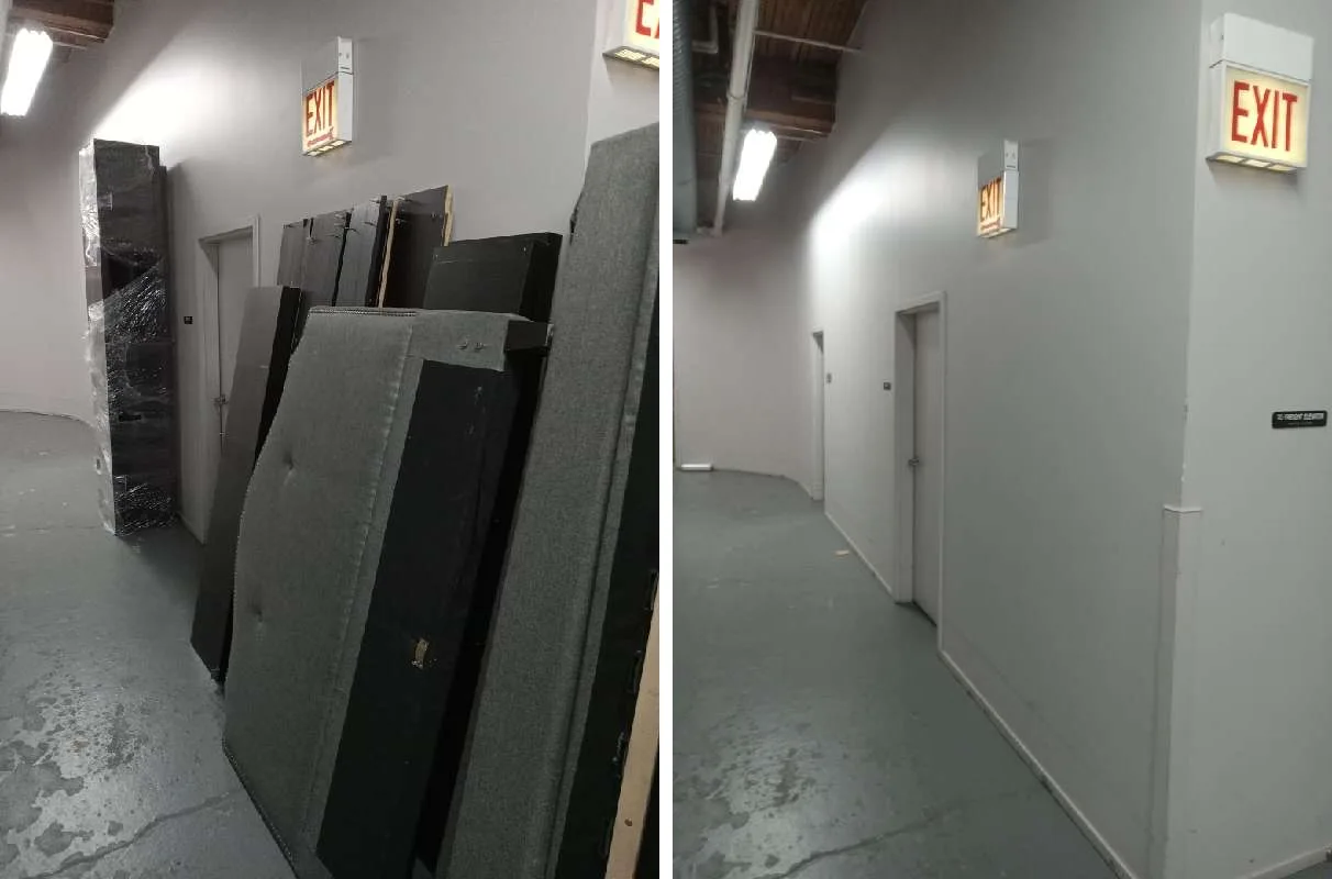 A Chicago condo building hallway before and after a JUNK Relief junk drive: furniture and headboards lined up, then an empty hallway