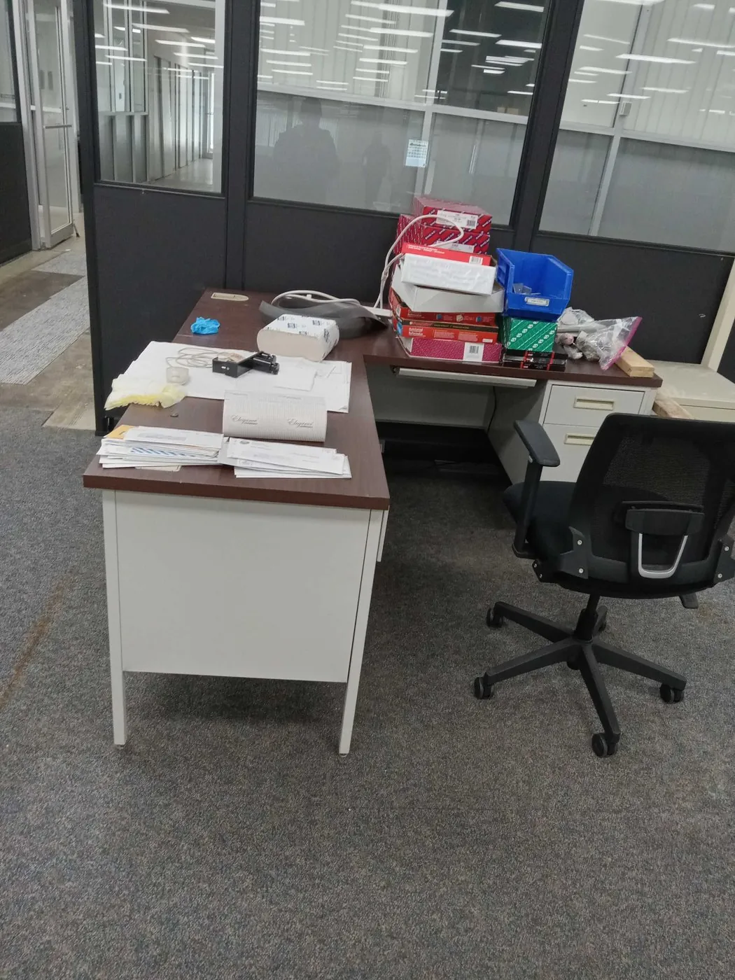Before: desks and files in the front offices (commercial junk removal, Harwood Heights)