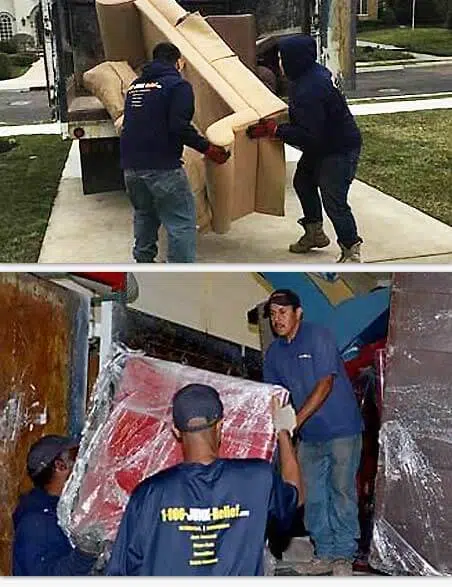 A split image showing loading a couch on the the junk removal truck during a couch removal service pickup in Chicago and unloading a couch for sorting and recycling at the warehouse | Junk Relief Chicago