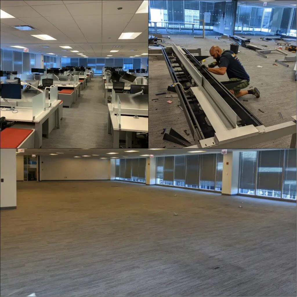 A before and after photo of a junk removal specialist disassembling desks while cleaning out a high rise office in Chicago | Junk Relief Chicago